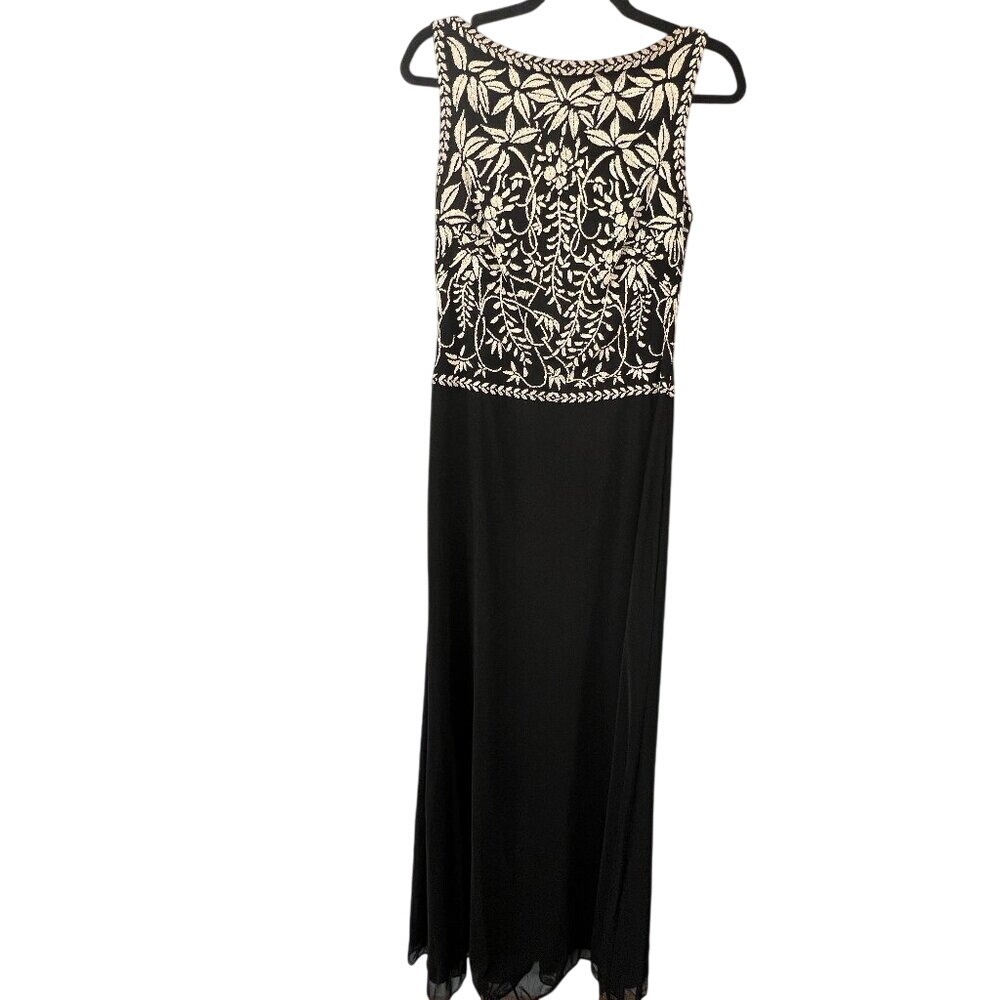 Tadashi Shoji Black Maxi Dress with Cream Floral Embroidery